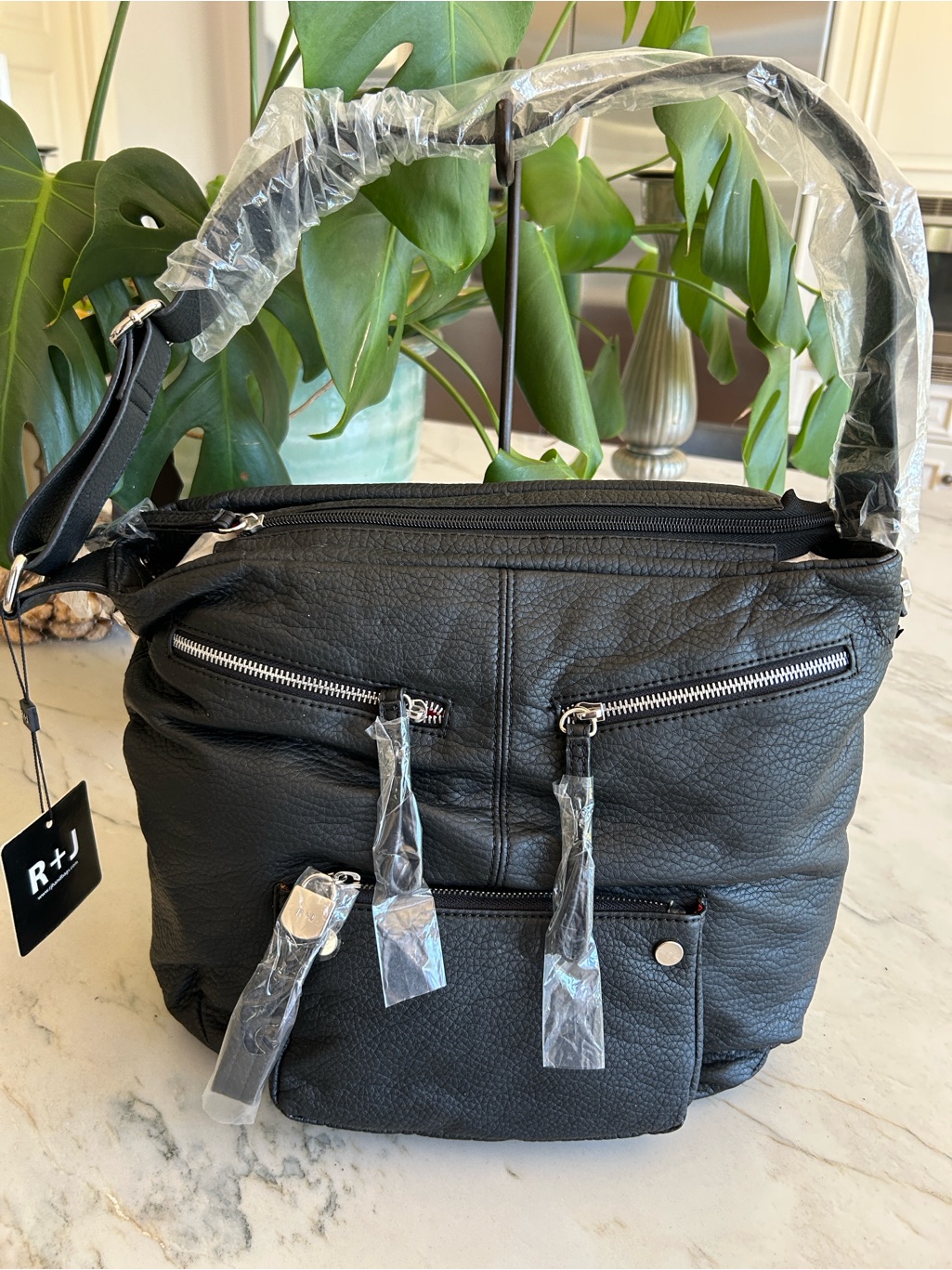 R+J Black Pebbled Leather Shoulder Bag With Multiple Zip Pockets